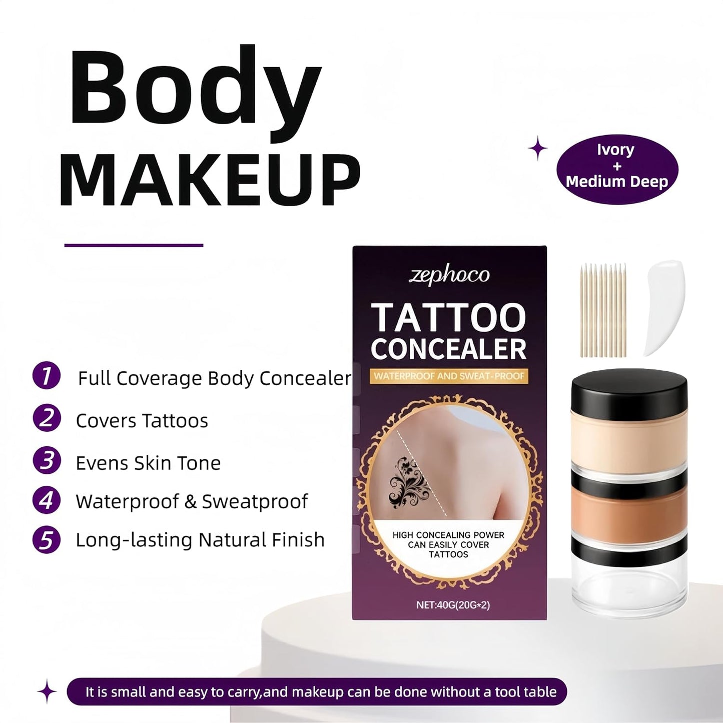 Tattoo Cover Up Cream - Waterproof & Sweatproof Body Concealer for Scars & Dark Spots | Blendable Dual Shades (Ivory & Medium Deep)