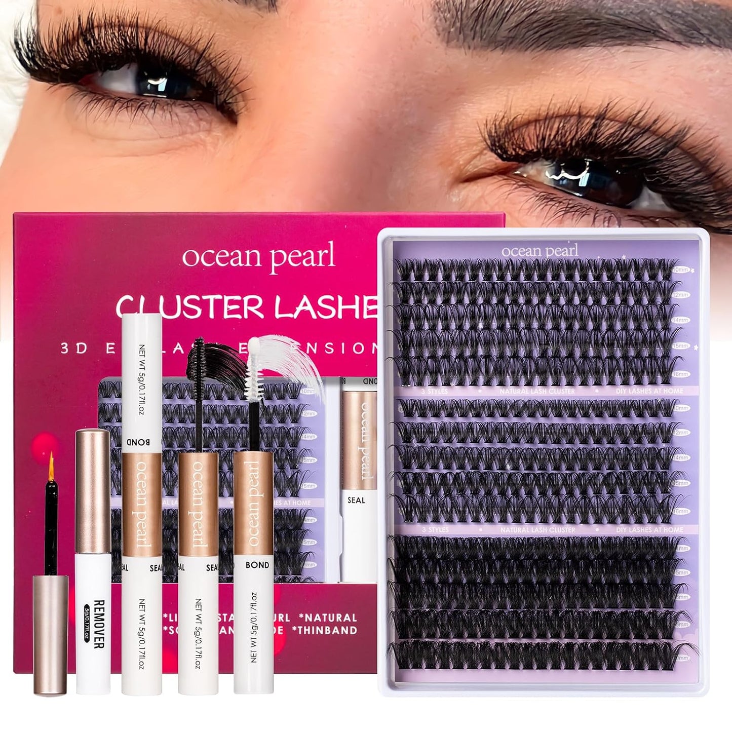 Ocean Pearl Lash Clusters - 320 Pcs 11-20mm Eyelash Extension Kit | 40D, 50D, 100D with Adhesive & Tweezers