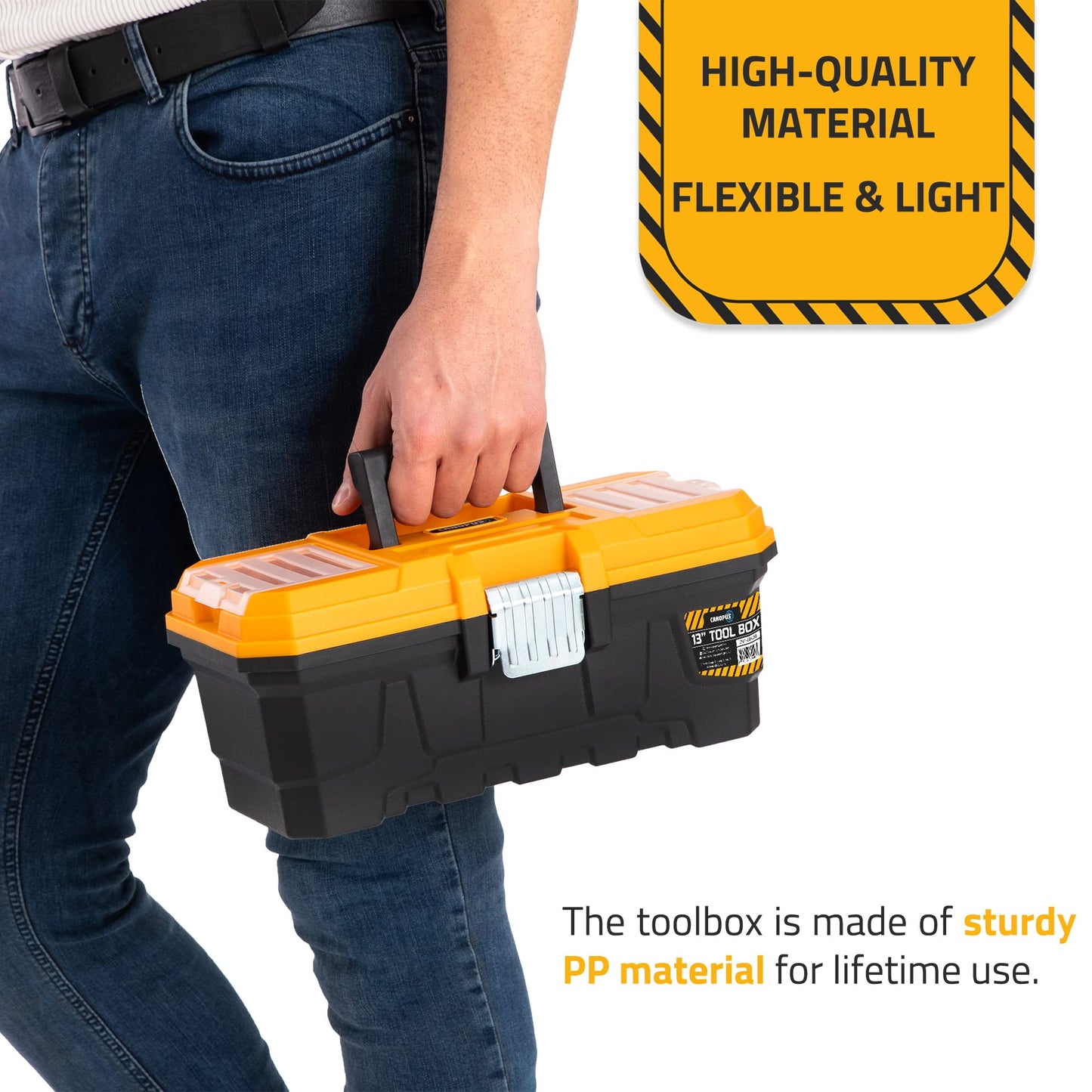 CANOPUS Plastic Toolbox, 13-inch Portable Plastic Tool Box with Metallic Clutch, Small Tool Box Tool Organizer with Extra Storage Tray for Home Tools, Nails and Pins, Black-Yellow