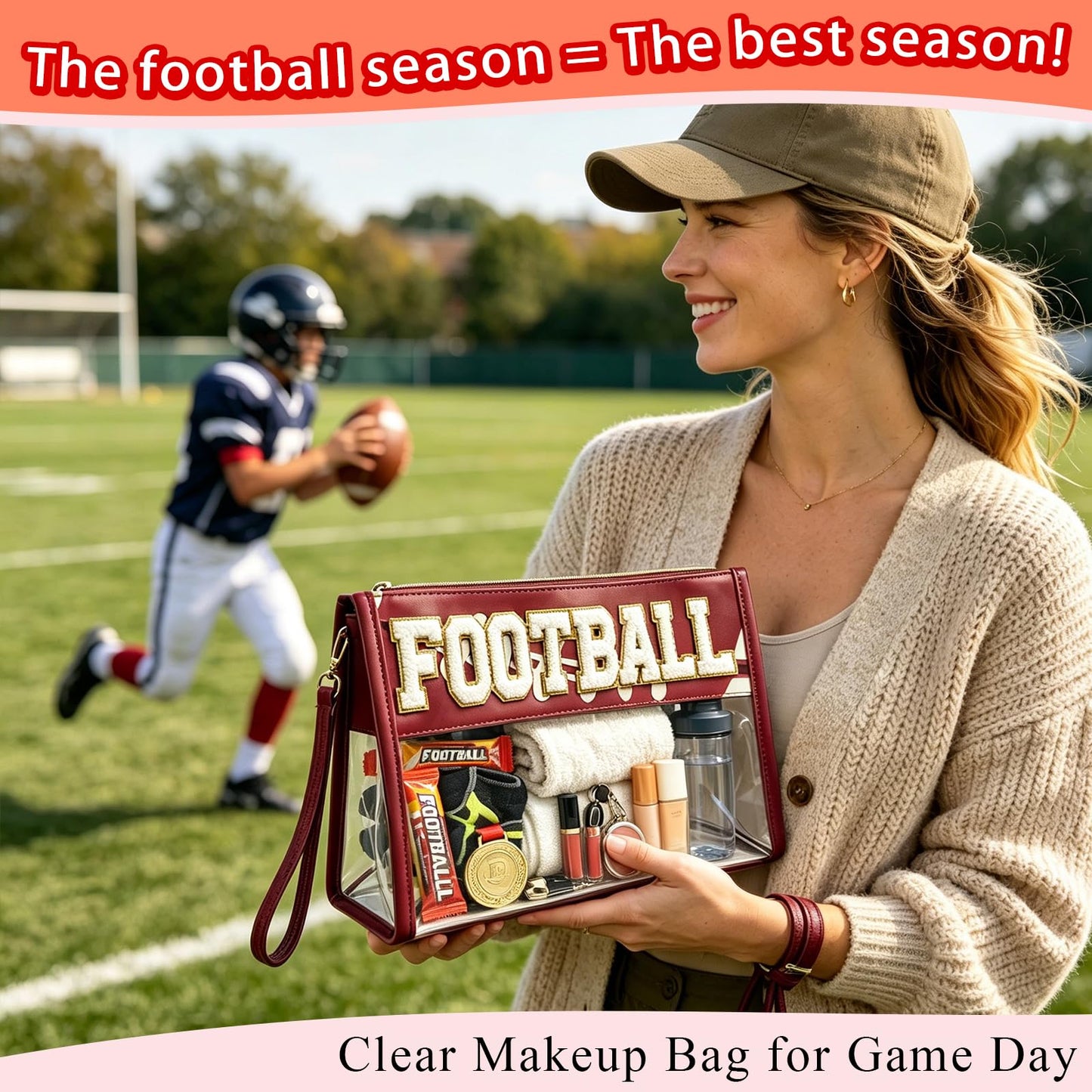 SUMINGGO Clear Stadium Bag for Women - 12x6x12 TSA Approved Clear Tote Purse for Games & Fall Season, Waterproof Large Capacity Football Mom Bag for Warm Drinks, Team Snacks & Game Day Essentials