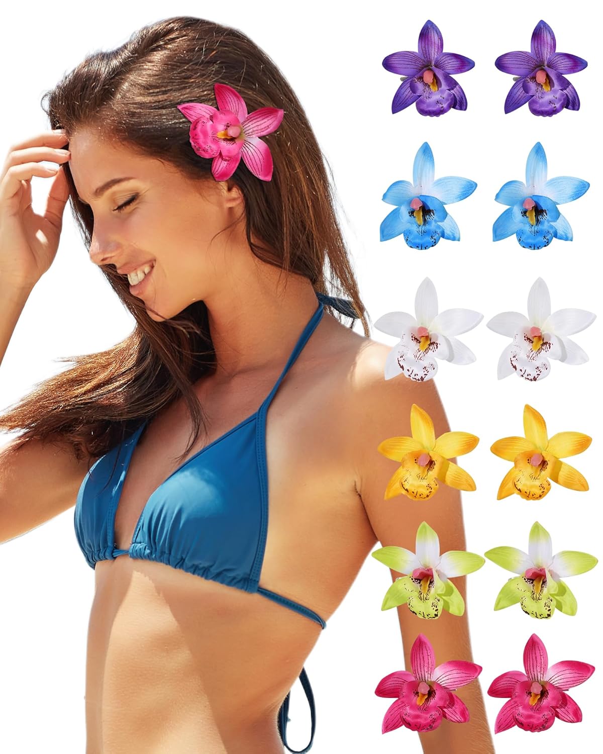 Hawaiian Flower Hair Clips - 3 PCS Artificial Orchid Barrettes for Weddings & Beach Parties | Pink, Rose, Green
