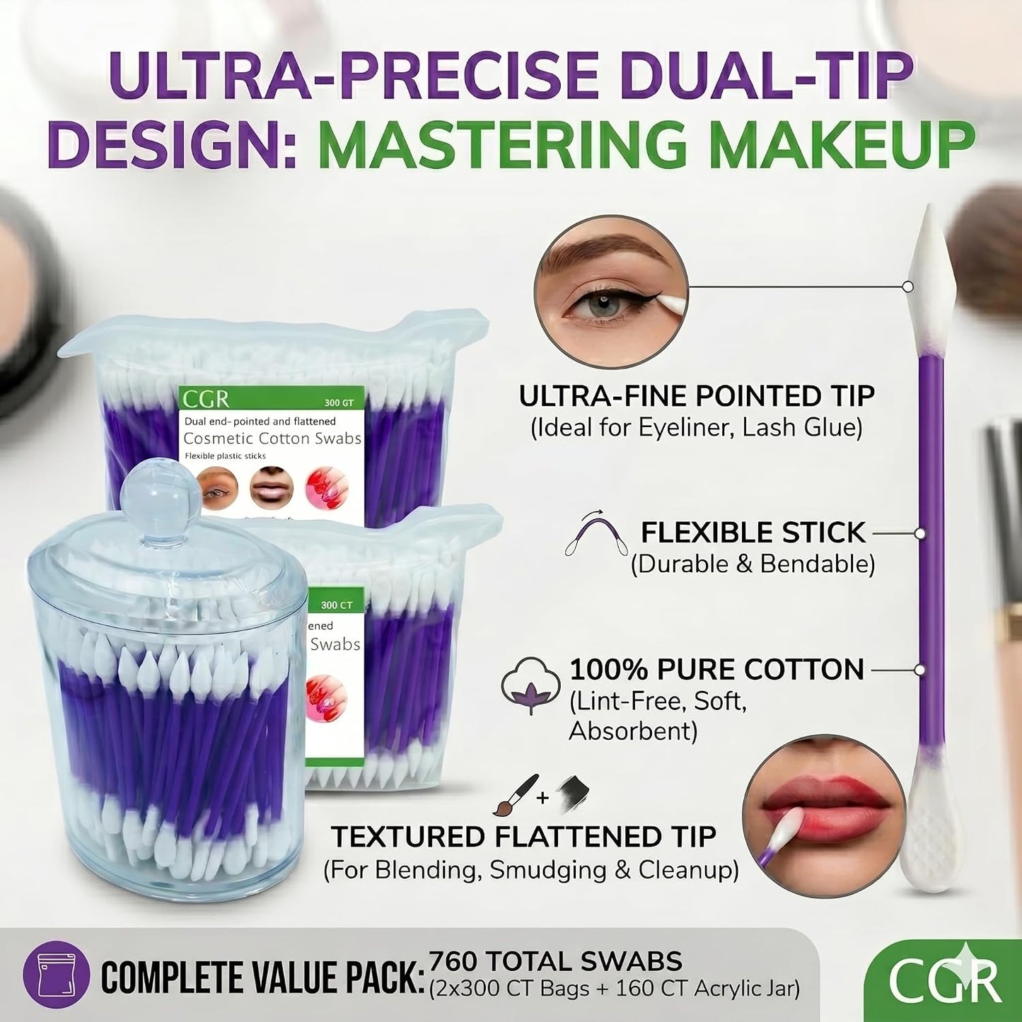 CGR Precision Cotton Swabs - 760 Pcs Acrylic Canister with Pointed & Flattened Tips | Makeup Applicator