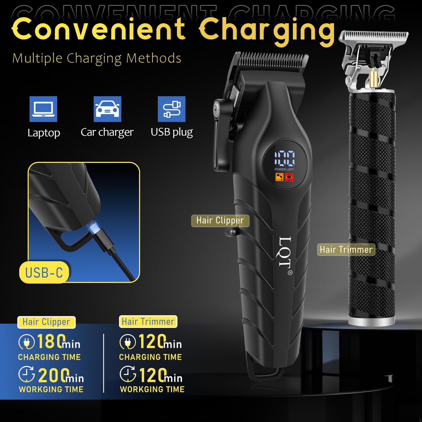 LQT Men's Professional Cordless Hair Clippers & Trimmer Kit, 4-in-1 Electric Shaver Set with LED Display, Waterproof Body Groomer, Nose Trimmer & T-Blade for Bald Head, Full Barber Kit (Black)