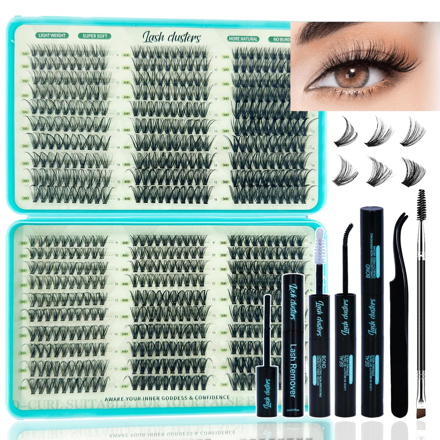 Lash Clusters Kit, 600 Pcs Eyelashes Lash Clusters D Curl 9-16mm, Individual Fluffy False Eyelashes Extensions with Tools, Perfect for Daily Wear and Dating (30D+40D+50D Kit)