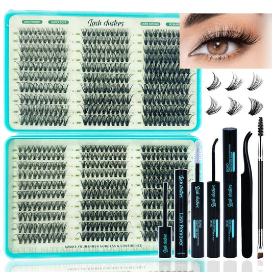 Lash Clusters Kit, 600 Pcs Eyelashes Lash Clusters D Curl 9-16mm, Individual Fluffy False Eyelashes Extensions with Tools, Perfect for Daily Wear and Dating (30D+40D+50D Kit)