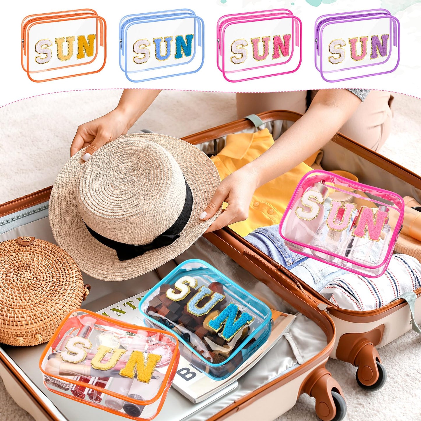 Kacctyen 8 Pcs Clear Makeup Bag Bulk Summer Beach Sunscreen Pouch Waterproof Toiletry Cosmetic Zippered Organizer with Preppy Chenille Letter Patch (Sun,Clear,Blue,Purple,Rose Pink,Orange)