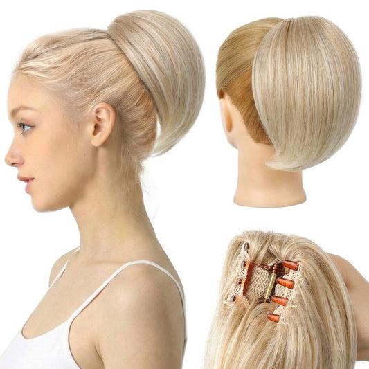 REECHO Ponytail Extension, 8" Short Mini Claw Clip Pony Tail Hair Extensions Natural Soft Feather-Light Tension-Free Ponytail Hairpiece for Women - Dark Blonde with Light Ends