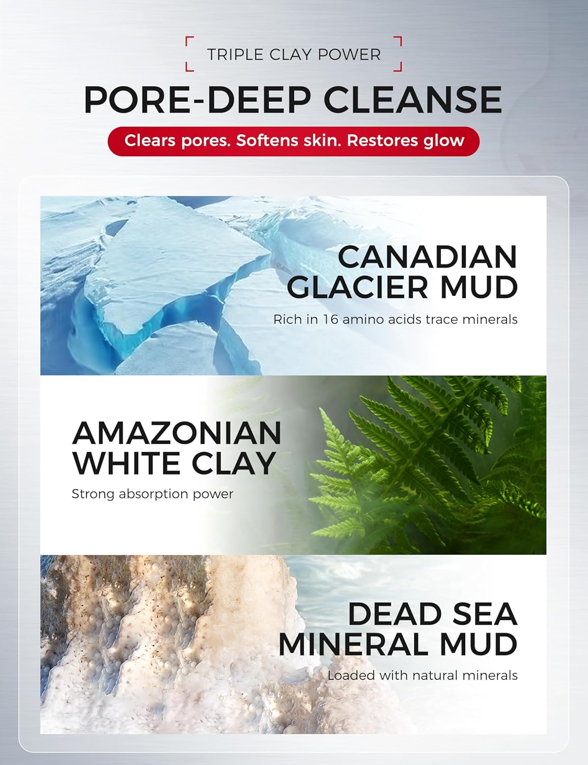 Clay Mask for Face & Sensitive Skin - Triple Mud Formula Deep Cleans Pores, Reduces Acne & Improves Texture | 3.88 Oz