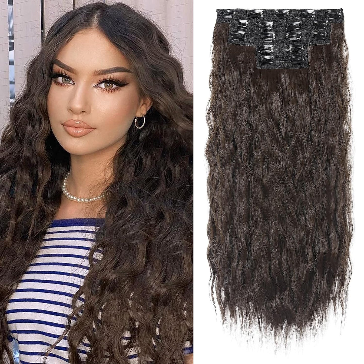 Clip In Hair Extensions - 24" Thick Long Loose Waves | Invisible Lace Weft, Natural Soft Hairpieces - Chocolate Brown with Blonde Highlights
