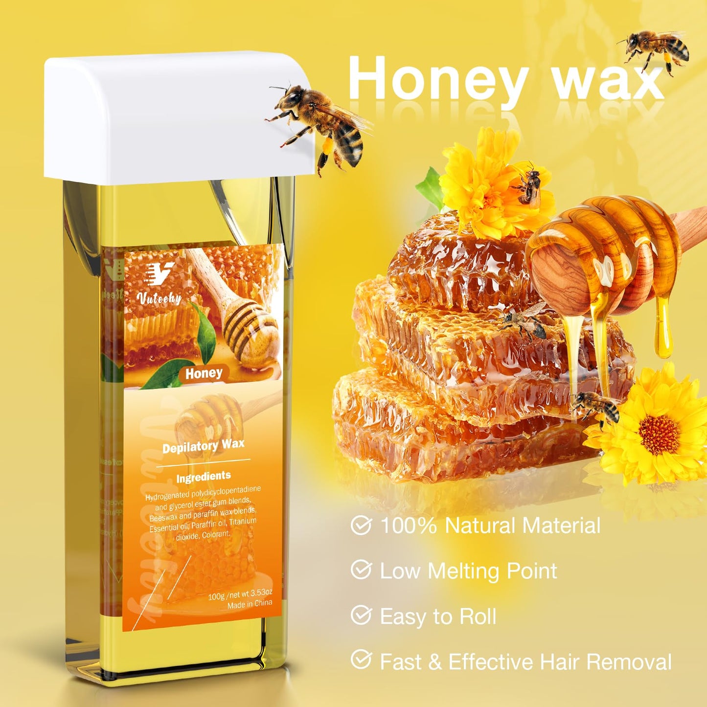 Vuteehy Roll on Waxing Kit, Roll On Wax kit for Hair Removal At Home, Waxing Kit for Women Men, Soft Wax Heater for Larger Areas of the Body, with 2 Honey Cartridges and 50 Wax Strips