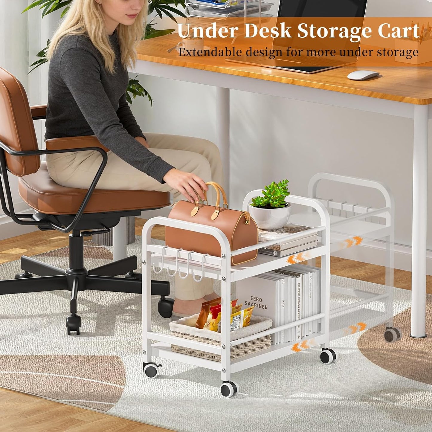 Expandable Rolling Cart - 2-Tier Metal Pantry Storage Organizer with Wheels | Adjustable Under Desk Cart for Kitchen