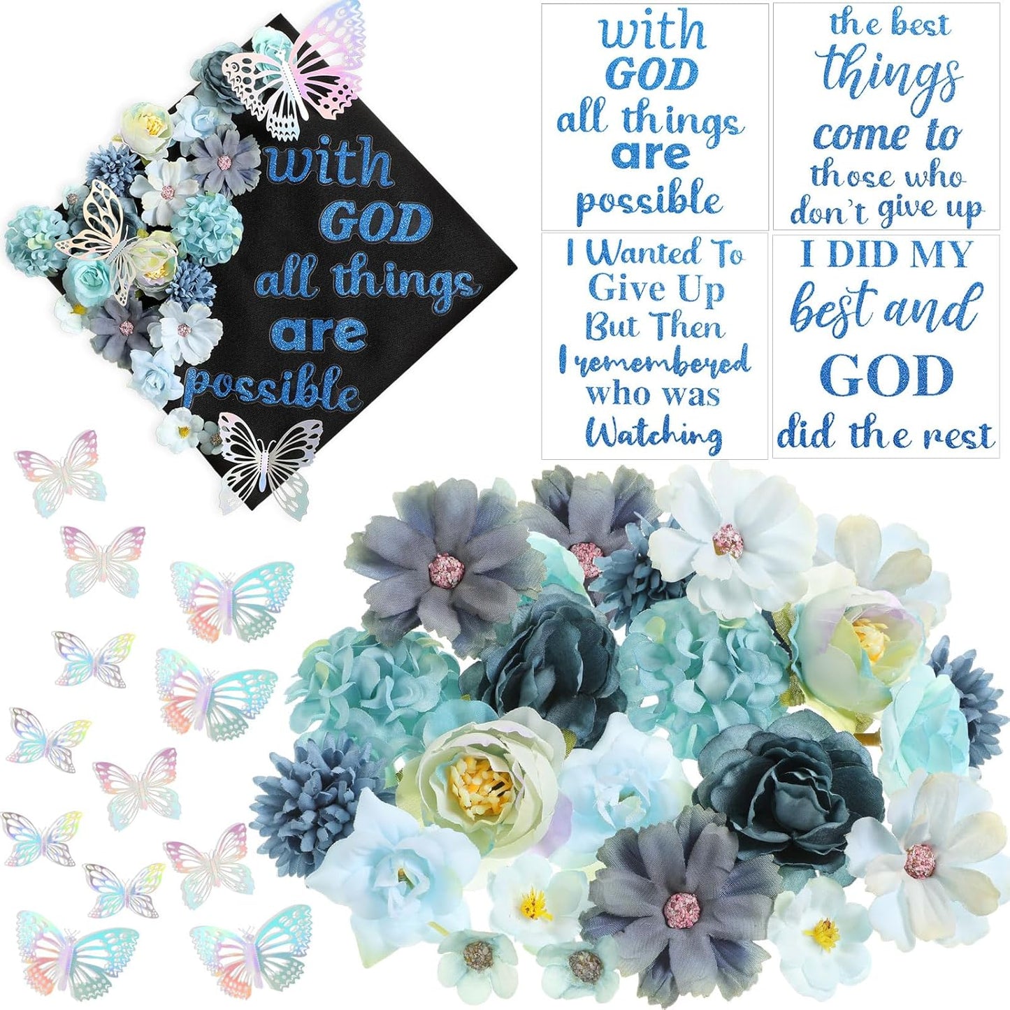 Graduation Cap Decoration Kit - 36 Pcs with Faux Flowers, Glitter Stickers & 3D Butterflies | Blue Inspirational Themes