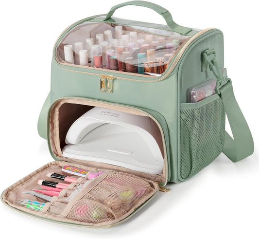 Nail Polish Organizer Bag - Double Layer Storage for 42 Bottles | Travel Case for Gel Polish & Manicure Tools - Green