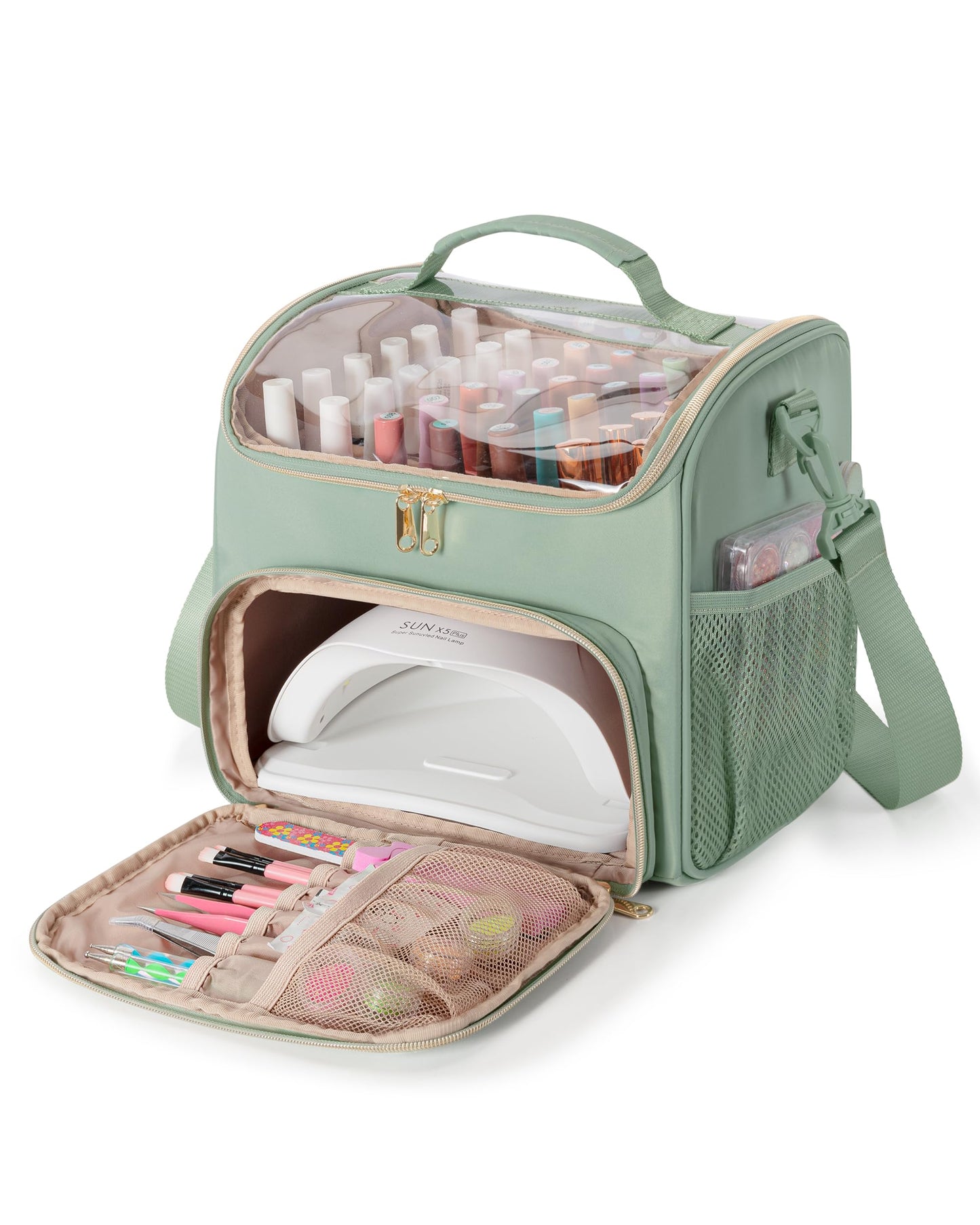 Prokva Nail Polish Organizer Bag Holds 42 Bottles(15ml/0.5 fl.oz), Double Layer Nail Storage Case for Gel Polish and Manicure Tools, Travel Nail Bag, Green