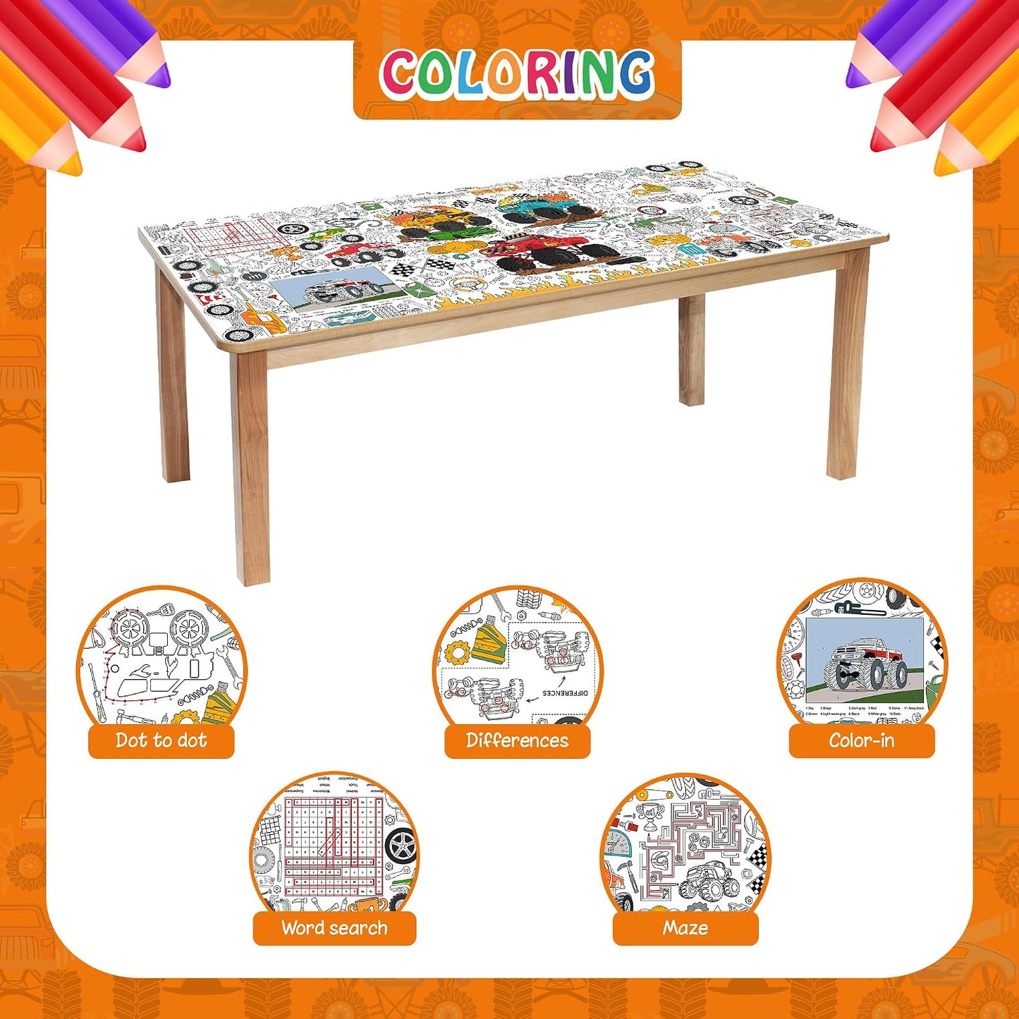 Monster Truck Coloring Tablecloth - Large 30x72 Inch for Kids | Perfect for Birthday Parties & Classroom Fun