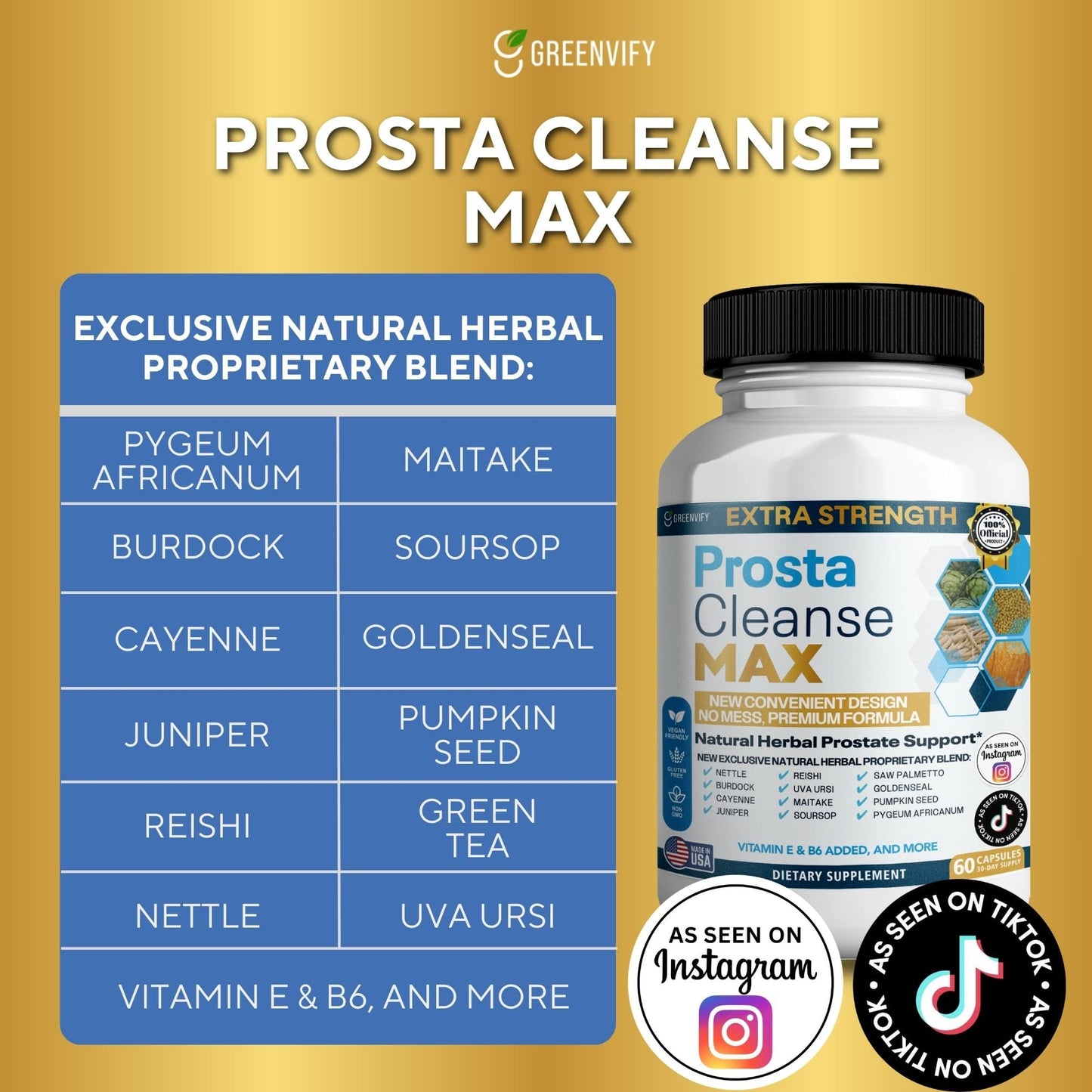 Prostate Cleaned Max, Natural Herbal Prostate Support Supplement, 60 Veggie Capsules, with Saw Palmetto, Vitamin E, B6, Pygeum, Extra Strength Formula