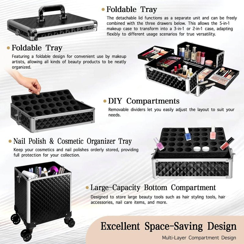 Rolling Makeup Train Case - 5 in 1 Professional Cosmetic Organizer on Wheels | Large Black Storage for Hairstylists & Artists