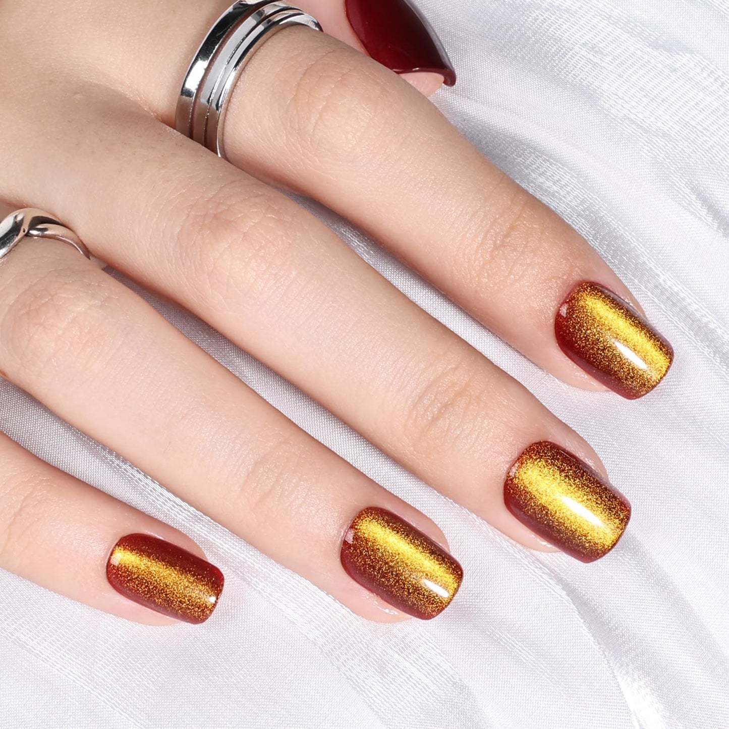 Red Cat Eye Press On Nails - Almond Short Reusable Fake Nails | 32pcs in 16 Sizes, Garnet Color