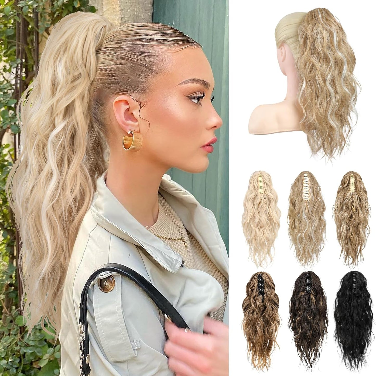 Ponytail Extension - 18" Wavy Claw Clip Hairpiece | Synthetic Curly Ponytail - Black Brown