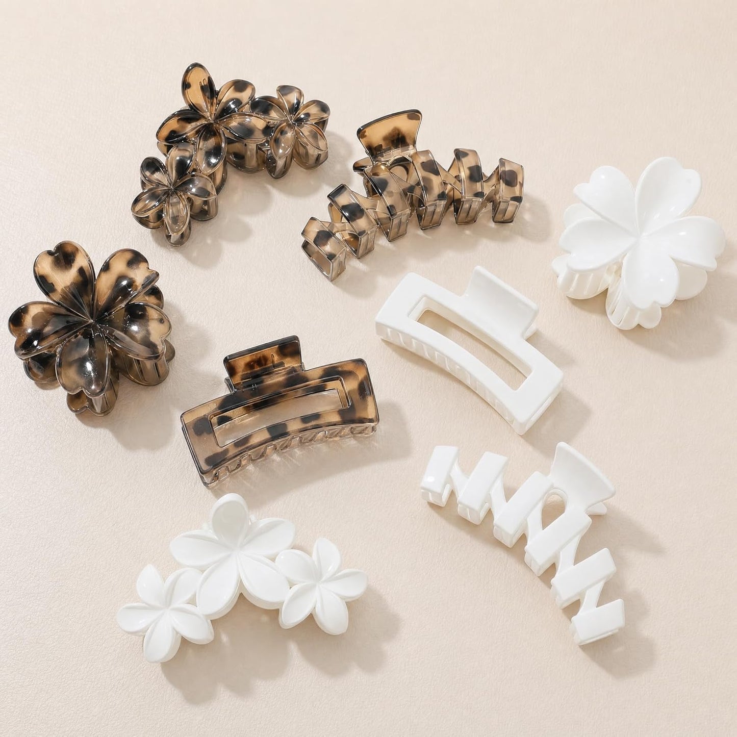 Hair Clips for Women - 8 Pcs Stylish Flower Claw Clips for Strong Hold | Black & White Tortoise