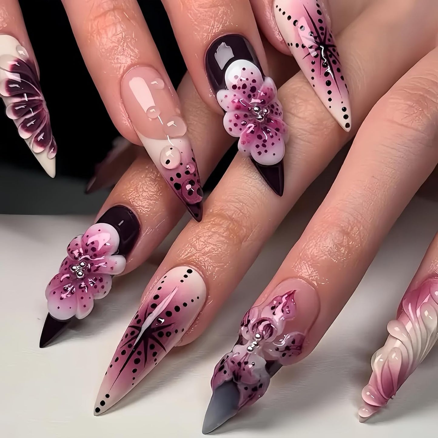 Almond Press-On Nails - Ombre French Tip with Butterfly Designs | 24 Pcs Set for Women