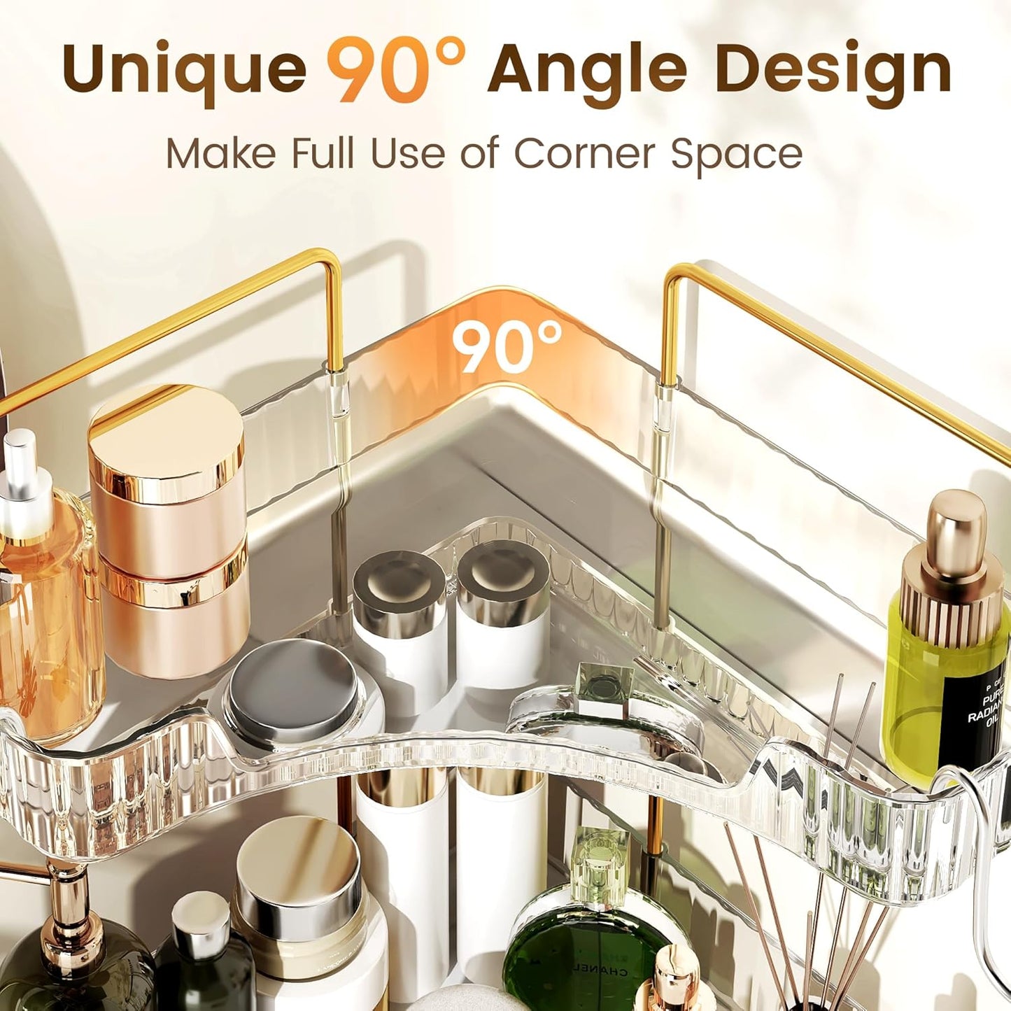 Corner Bathroom Counter Organizer - 3-Tier Storage Shelf with Hooks for Makeup & Skincare | Clear