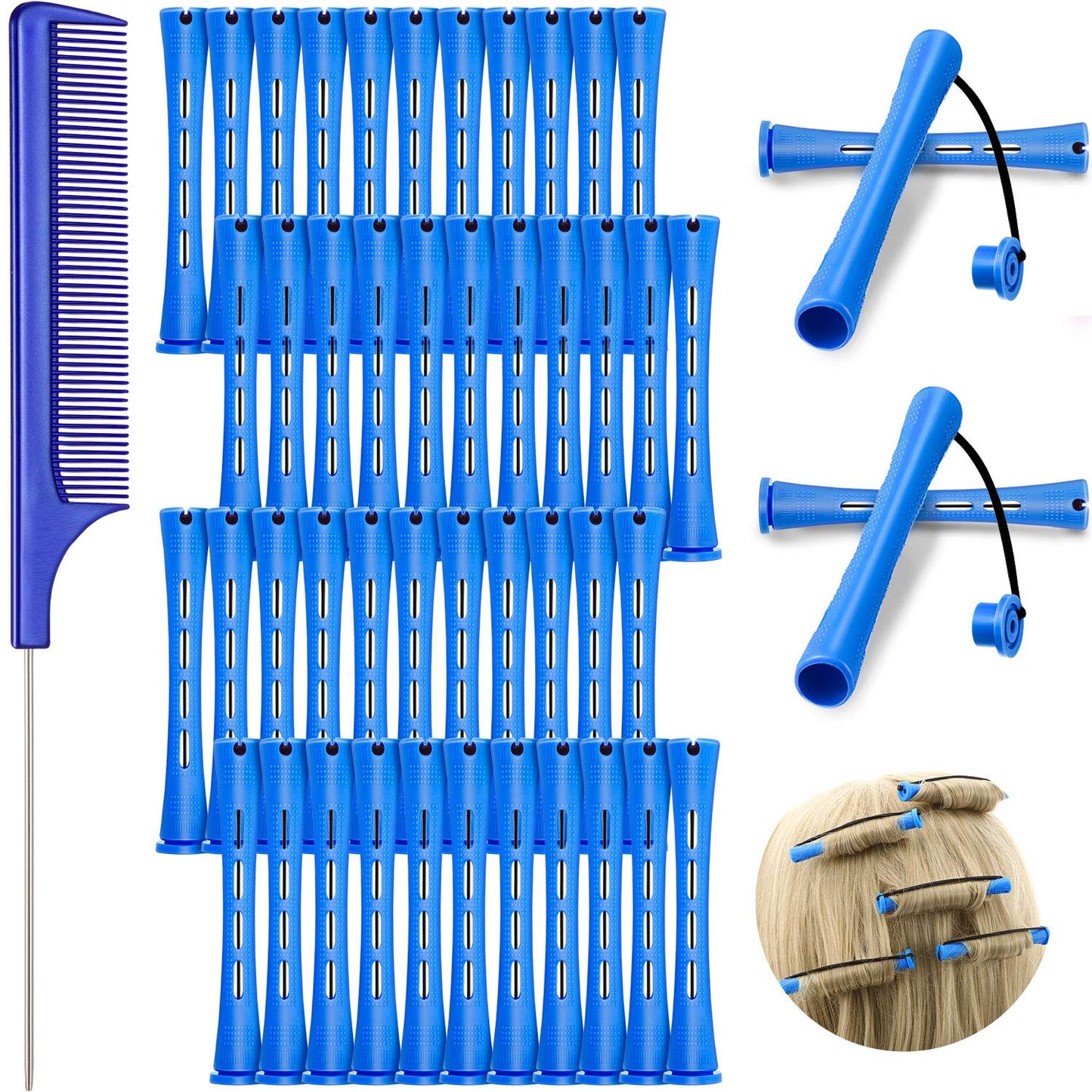 Cold Wave Plastic Curlers - 48 Pieces Hairdressing Set with Steel Pintail Comb | Blue, 0.35 Inch