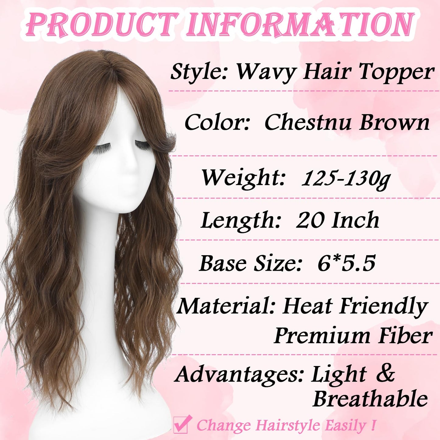 OOPPOO Hair Toppers for Women, 20 Inch Hand Tied Breathable Toppers Hair pieces for Women with Thinning Crown Curtain Bangs Mix Human Hair Clip in Curly Lightweight Wiglets(Chestnu Brown)