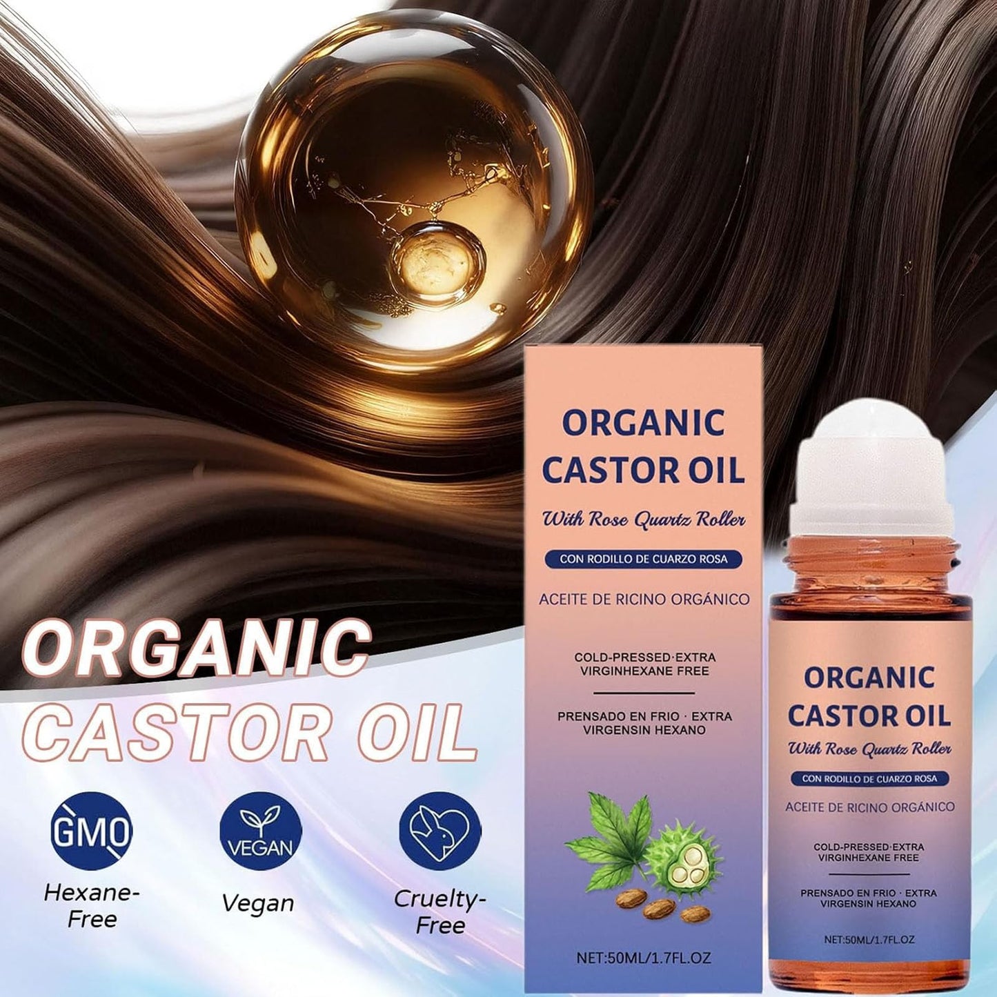 2PCS Organic Castor Oil with Rose Quartz Roller, 100% Castor Oil Organic Cold Pressed, Hexane-Free,Amber Glass Bottle for Skin 1.7oz