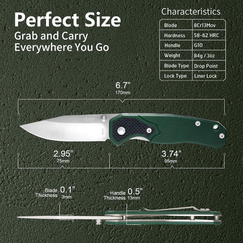 Vickay Pocket Knife, Pocket Folding Knives with Belt Clip, Tactical Camping Knife, 2.6in 8Cr13MoV Stainless Steel Blade, Non Slip G10 Handle, Dark Green
