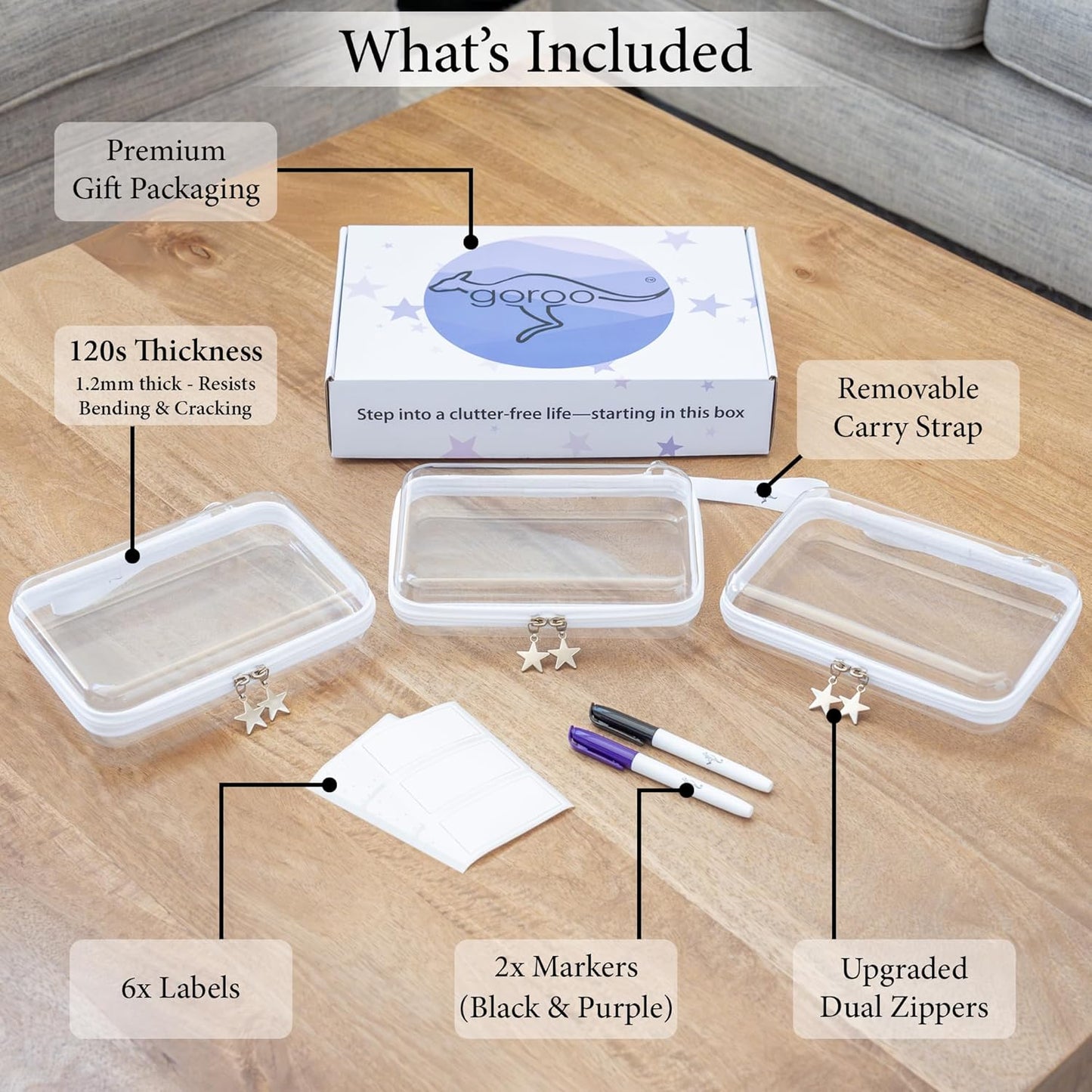 Clear Hard Shell Zipper Case Set - 3 Large Travel Organizers, 120s Thick PET Plastic, Dual Zippers & Charms | Removable Straps & Labels