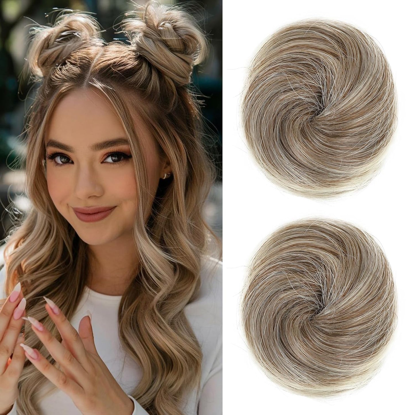 Mini Claw Clip Hair Bun Extensions - 2 PCS Messy & Cat Ears Updo Accessories | Golden Blonde Mix