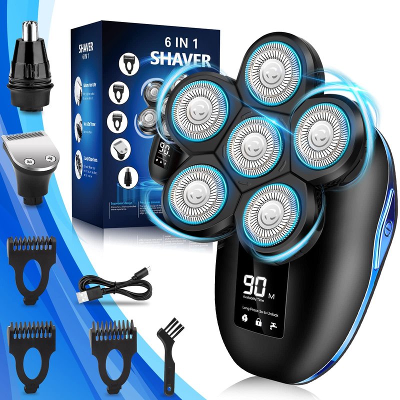 Head Shaver for Bald Men, 6-in-1 Electric Shaver for Bald Head 6D Wet/Dry Waterproof Mens Electric Razor Head Shavers Mens Grooming Kit Cordless Rechargeable Face Head Shaving Rotary Shaver