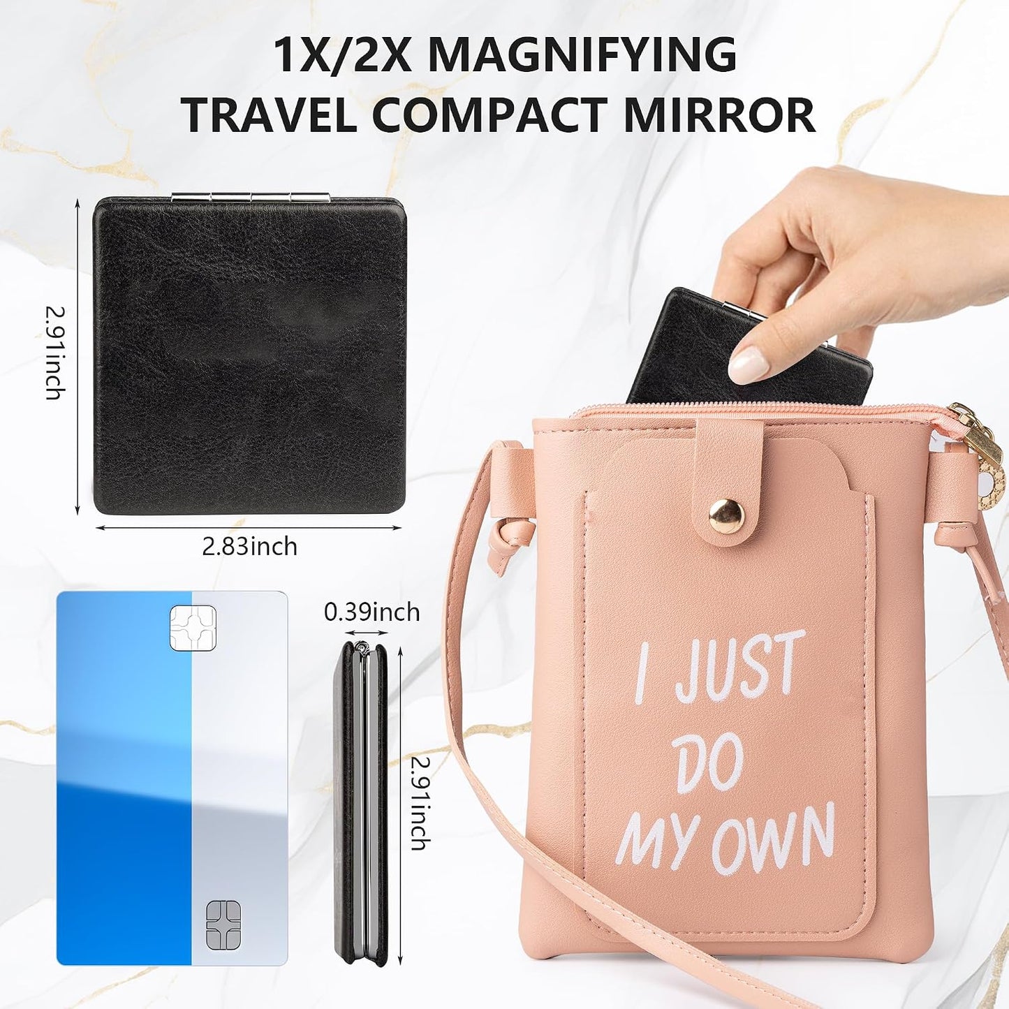 Compact Mirror - 1x/2x Magnifying Foldable Cosmetic Mirror | Portable Travel Size for Pocket & Purse (Black)