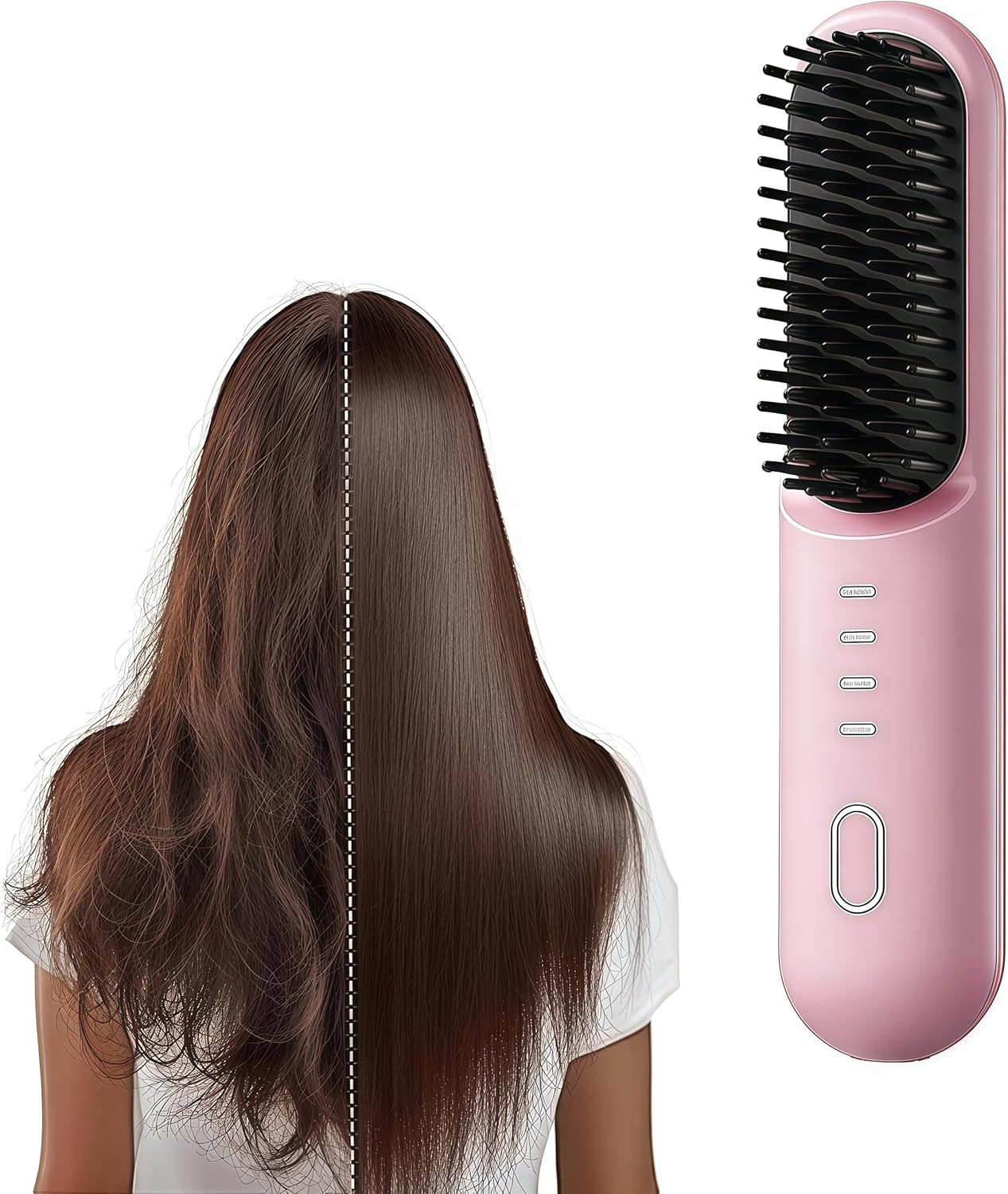Cordless Hair Straightener Brush - Anti-Frizz Ionic Straightening Comb | Portable & Rechargeable (Pink)