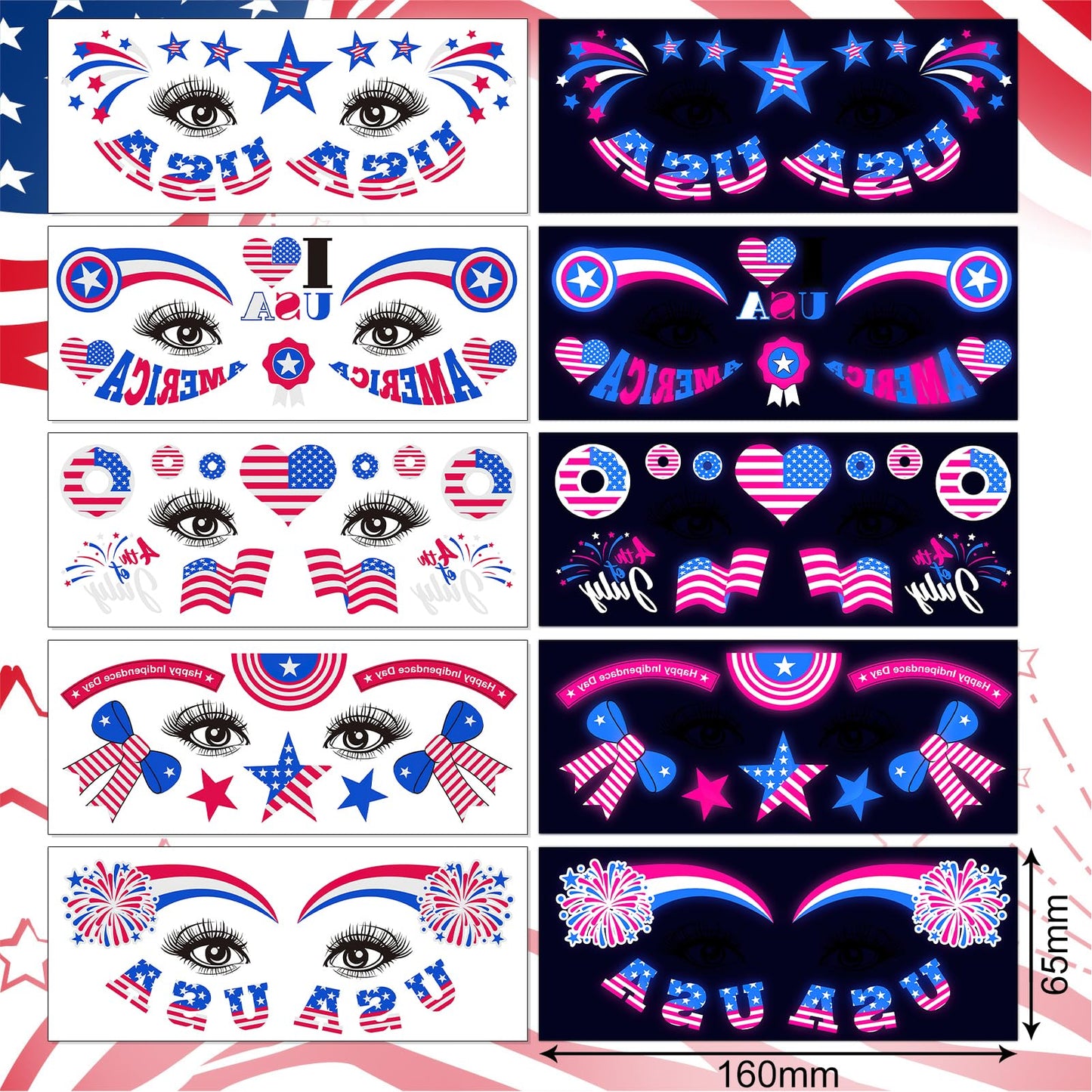HOWAF 4th of July Temporary Tattoos-5 Sheets Glow Independence Day Face Tattoo 50+pcs Giltter USA Patriotic Tattoos Stickers, American Flag Red White Blue Tattoos Stickers for Face Body Decor