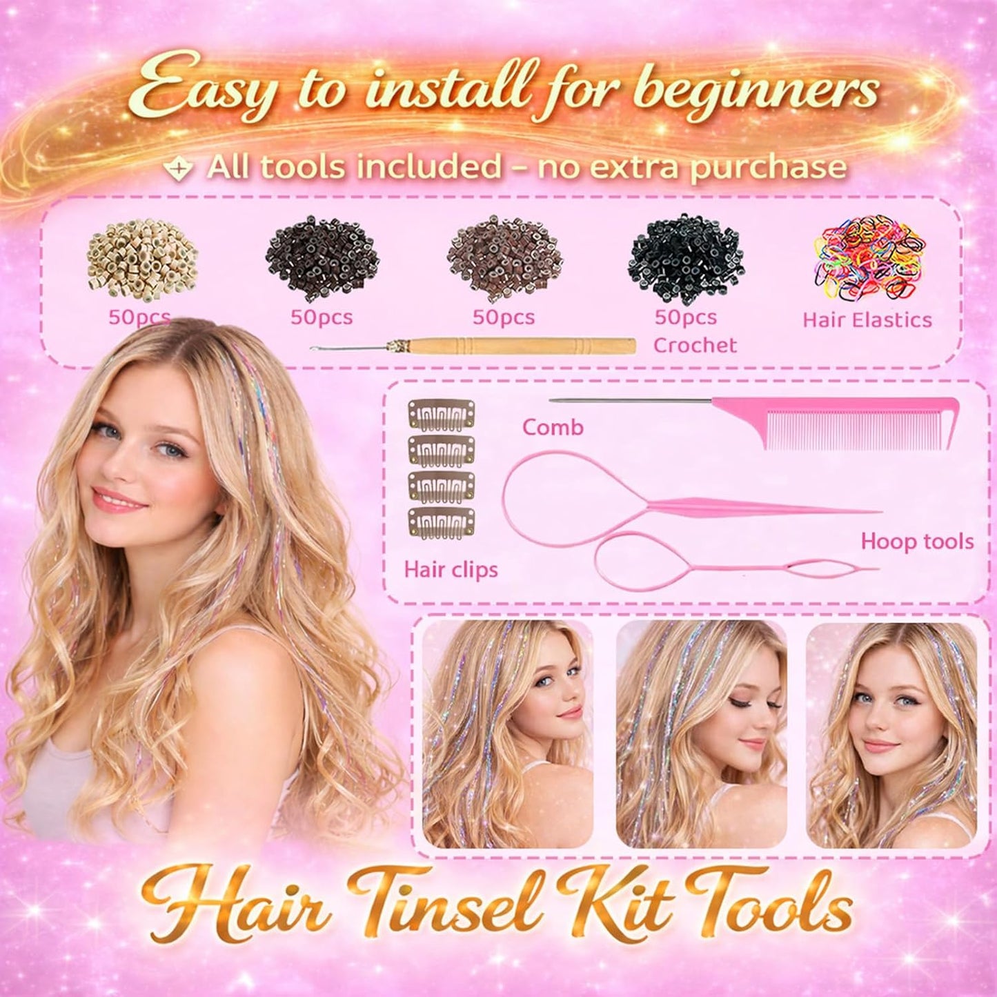 Coffee Brown Hair Tinsel Kit - 8 Pcs 48 Inch Glitter Hair Extensions for Parties & Festivals