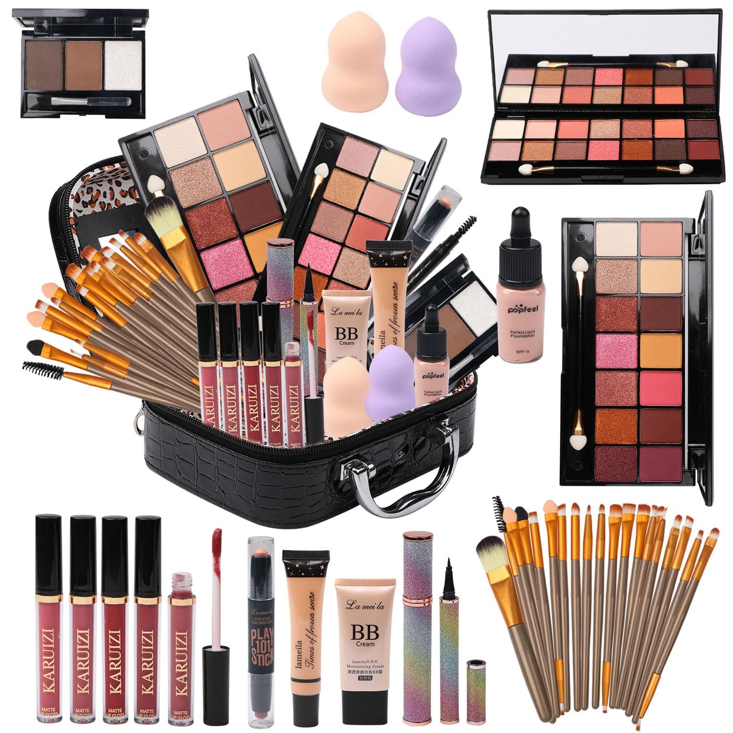 All-in-One Makeup Kit - 14 Colors Eyeshadow Palette, Liquid Foundation, Eyeliner & Brushes | 20-Piece Set for Women & Teens - Black