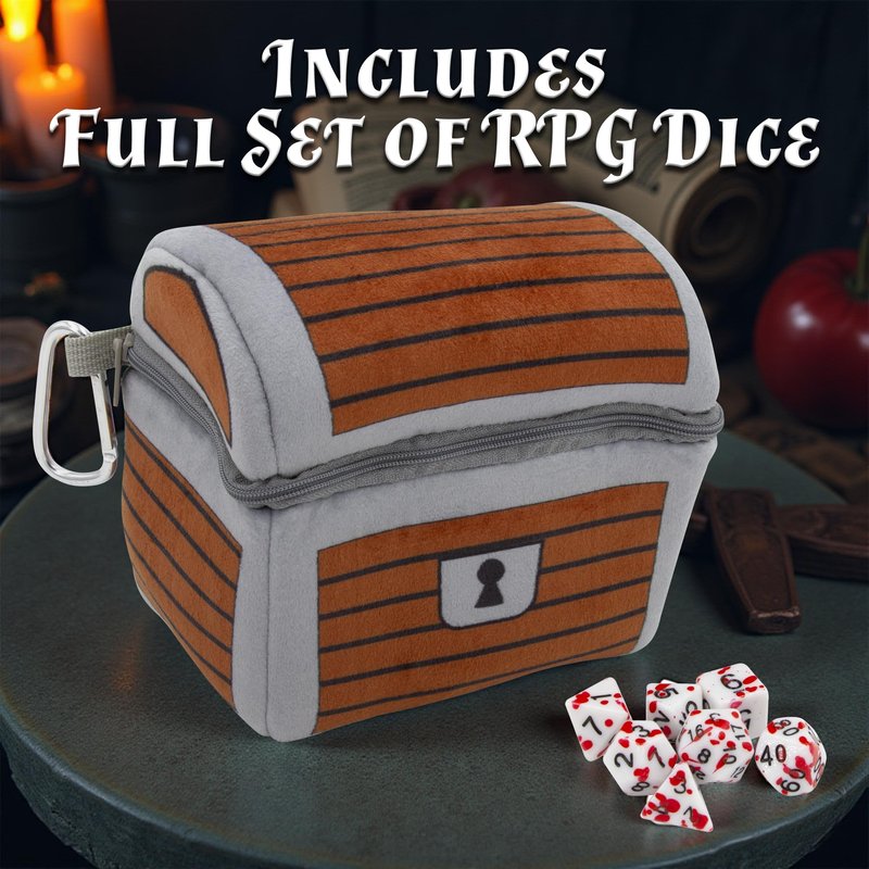 CASEMATIX Mimic Dice Chest and DND Dice Case with 7 Included RPG Dice - 6.5" Mimic Chest Dice Bag with Zipper Closure and Carabiner for 150 Dice, Protective Novelty Dice Holder for Tabletop Dice