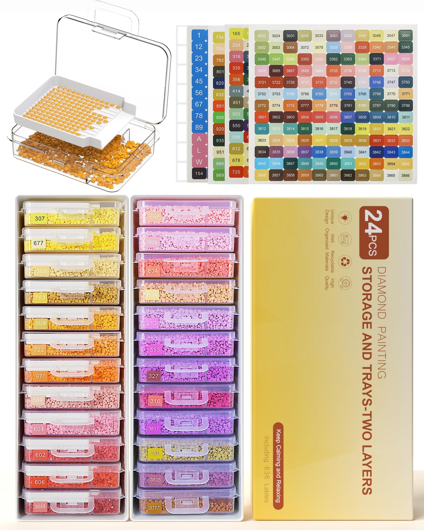 Redtwo 24 PCS Diamond Painting Storage Containers Trays with Two Layers, 3-in-1 Diamond Painting Trays with Lids, Diamond Art Accessories, Diamond Art Drills Storage & Line-Up