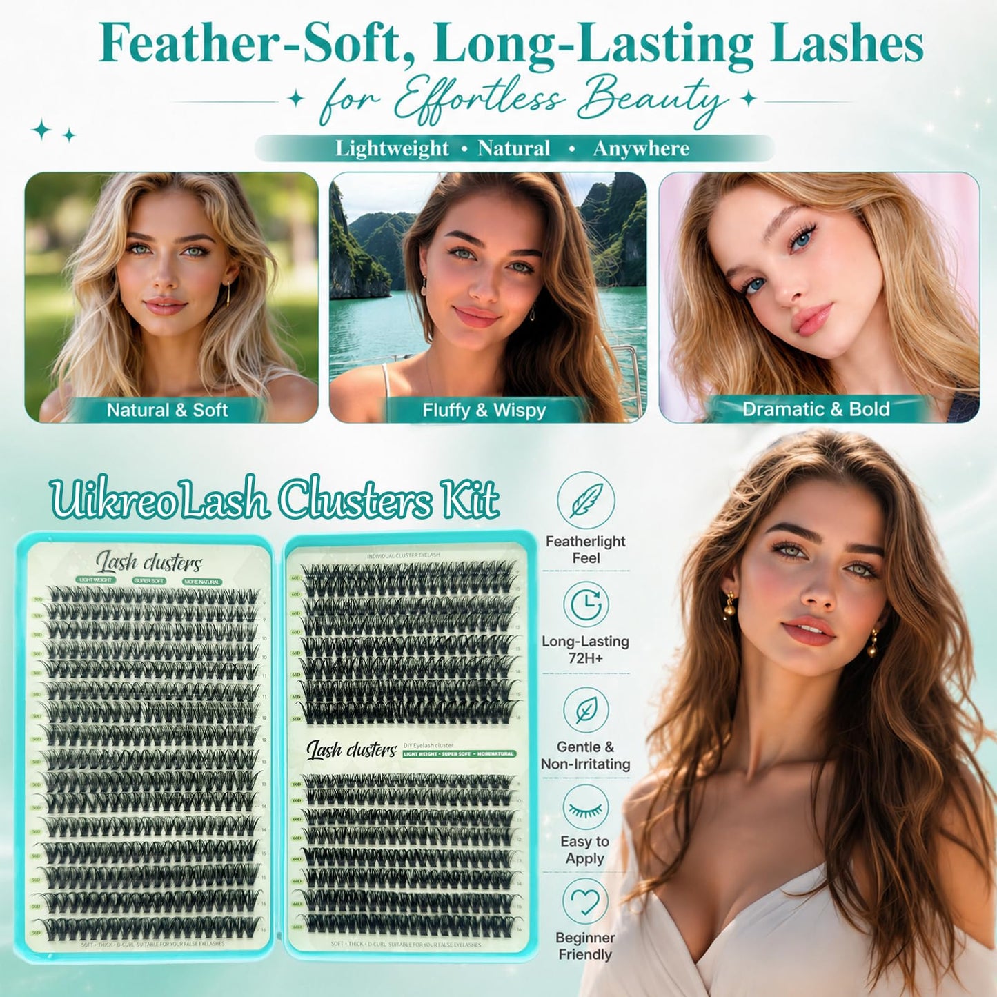 Lash Clusters Kit 600 Pcs D Curl Wispy Natural Cluster Eyelash Extensions (50D+60D Lash)