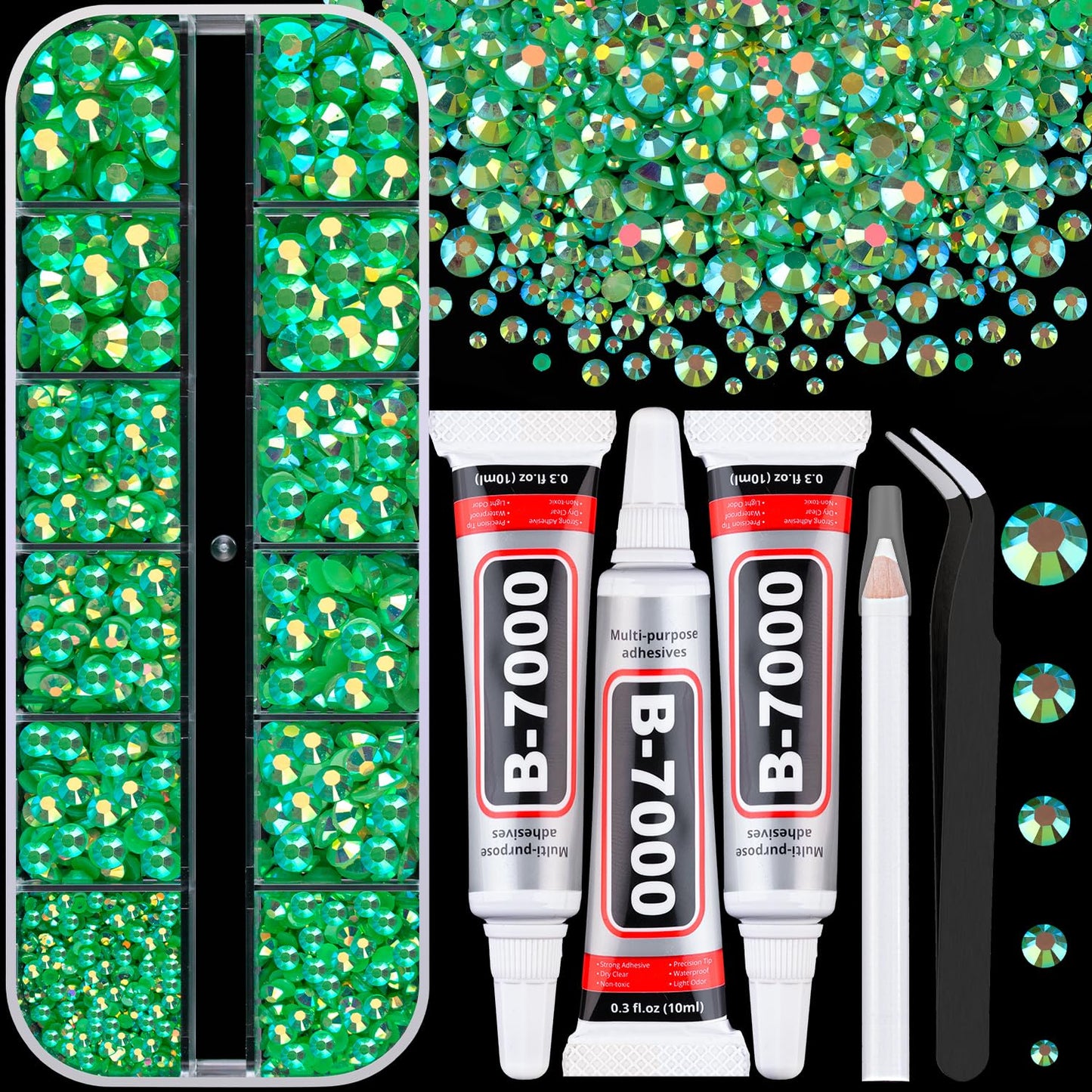 32000 Pcs Black Rhinestones - Flatback Resin Gems for Bedazzling | Jewelry Glue & Tweezers Included