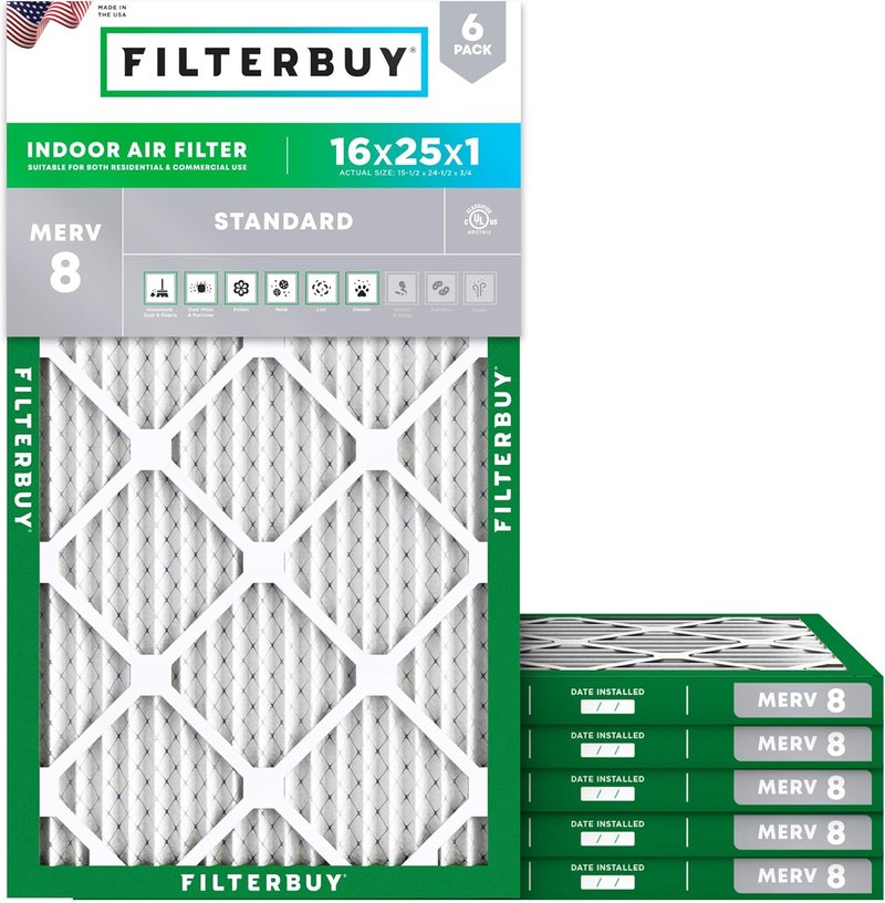 Filterbuy 16x25x1 Air Filter - MERV 8 Dust & Allergy Defense | 6-Pack, Electrostatic Pleated HVAC Replacement