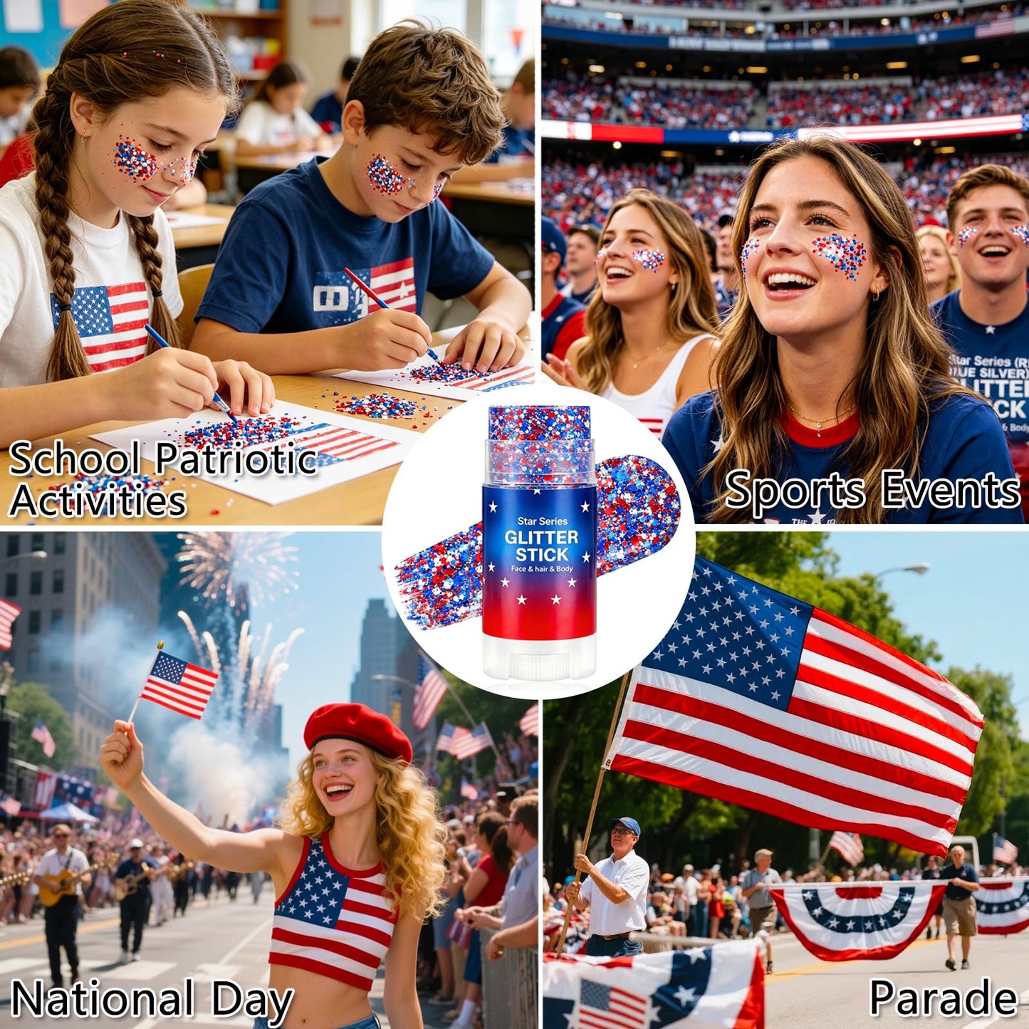 Patriotic Body Glitter Stick, Red White and Blue Face Glitter, Hair Glitter, 4th of July Face Glitter, Waterproof Glitter Makeup for World Cup 2026, Soccer Game, Fans Party, Cosplay Makeup