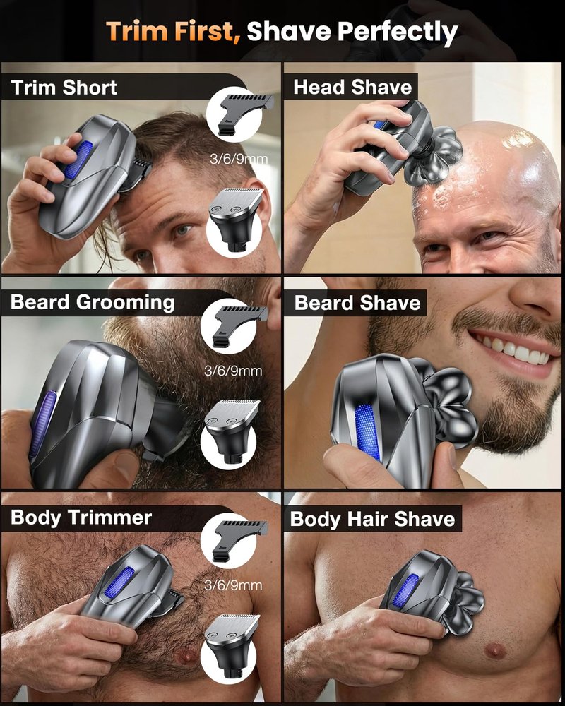 Vylto Head Shavers for Bald Men, 5-in-1 Electric Shaver Grooming Kit, 7D Floating IPX7 Waterproof Rechargeable Wet/Dry Razor for Skull Bald Head, Body Hair, with Massager, Gray