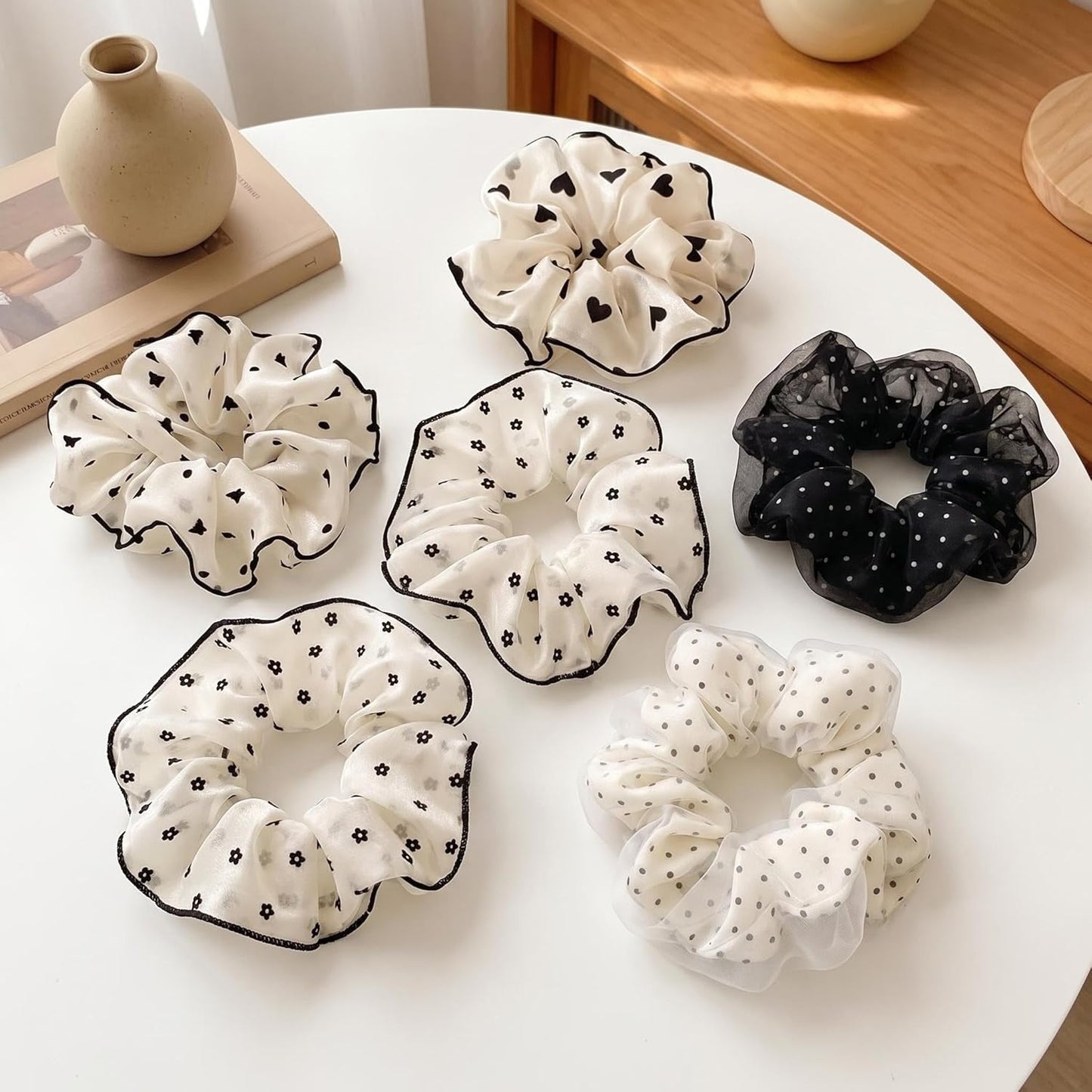 Chiffon Hair Scrunchies Set - 6 Soft Ponytail Holders for Thick Curly Hair | No Damage Hair Ties