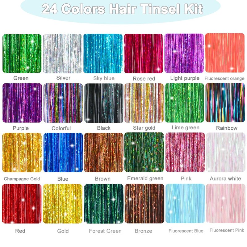 Hair Tinsel Kit - 9800 Strands in 24 Vibrant Colors | Heat Resistant Hair Extensions for Parties & Festivals