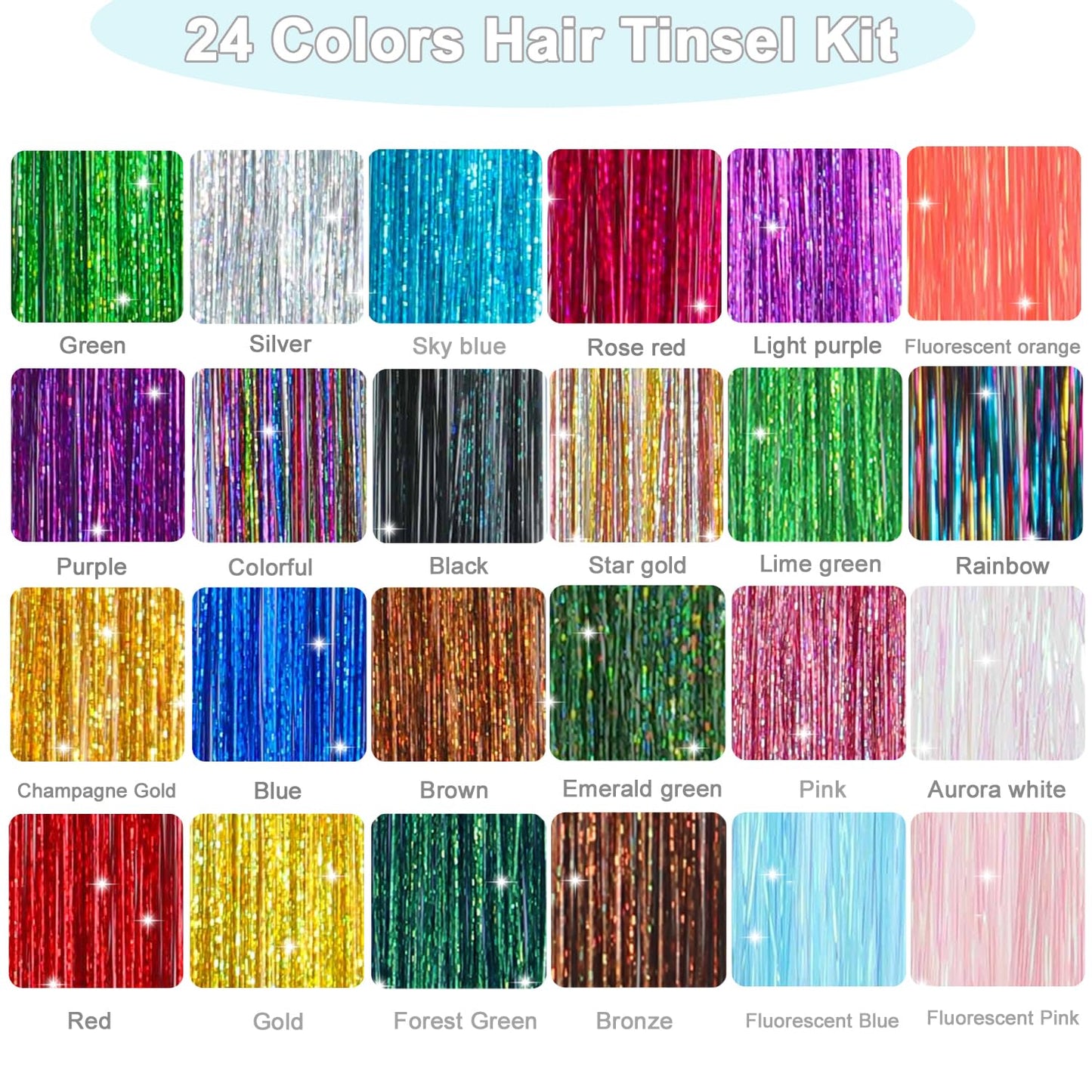 Hair Tinsel Kit - 9800 Strands of Colorful Heat-Resistant Extensions | 24 Vibrant Shades for Festivals & Parties