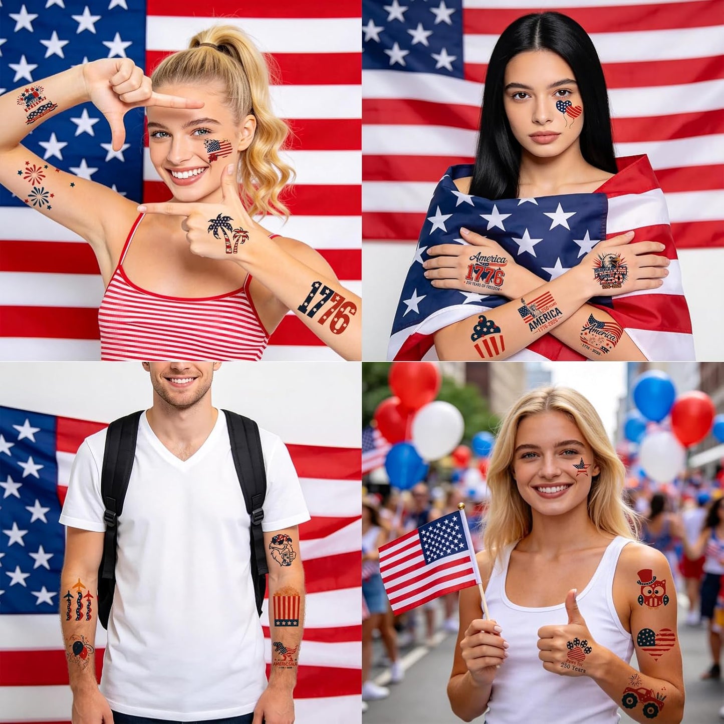 117PCS Temporary Tattoos for 250th Anniversary | Patriotic 4th of July Designs for Kids & Adults