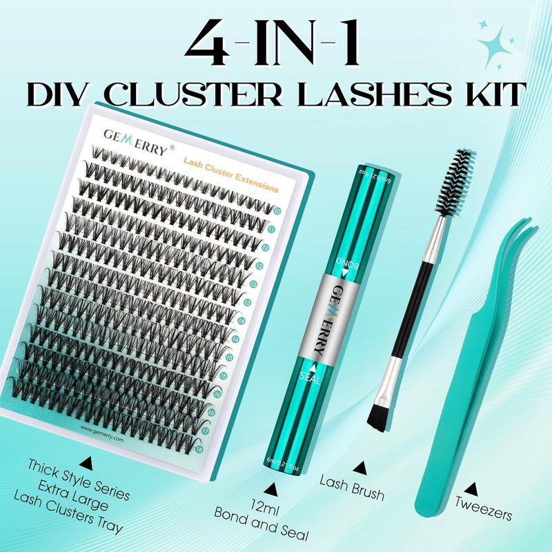 Eyelash Extension Kit - Thick Curl Fluffy Clusters with Bond, Seal & Tweezers | 80 Pieces, 10-18mm
